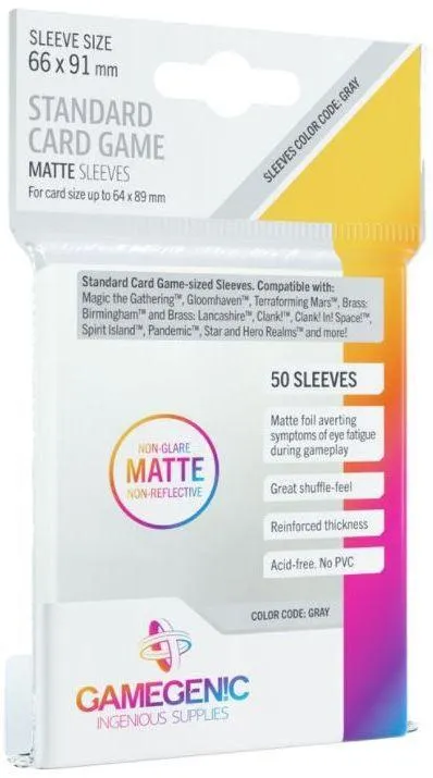 Gamegenic Matte Board Game Sleeves - Size Code GRAY - Standard Size (66mm x 91mm) (50 Sleeves Per Pack)